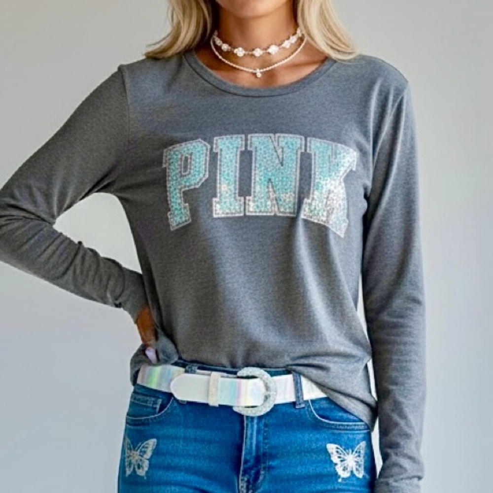 Victoria’s Secret PINK Gray Sequin Long Sleeve Top